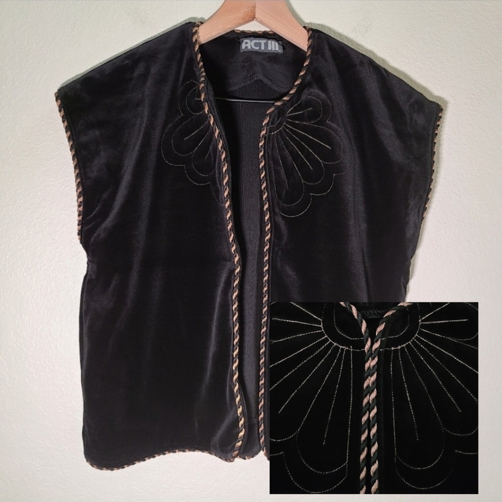 Vintage Black Velvet Vest Gold  Cord Edge Embroidered III